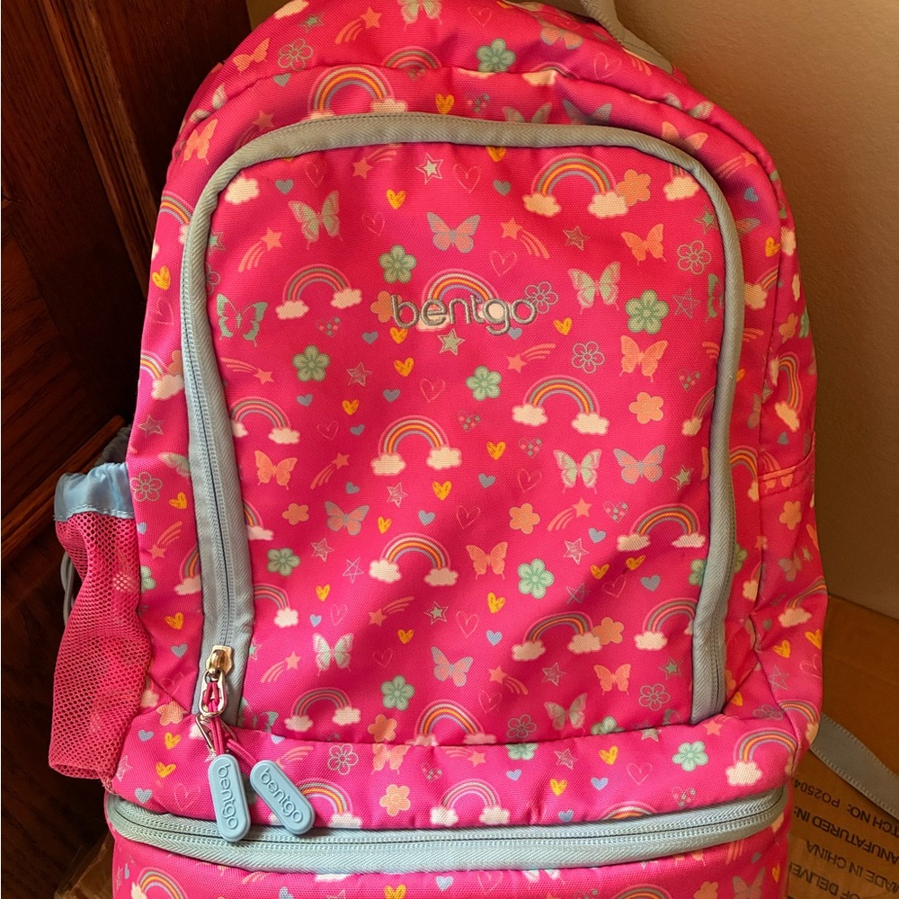 Pink Kids Backpack with Rainbow and Butterfly Design